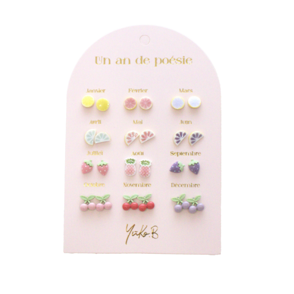 Set of 12 pairs of ceramic earrings – A Year of Fruity Poetry